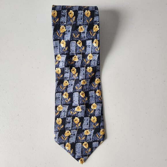 Stefano Conti 100% Italian Silk Tie – Floral Check Blue Yellow – Made in Canada - Picture 1 of 5